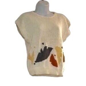 Vintage Smith and Jones White Fall Leaf Knit Short Cap Sleeve Sweater Sz L
